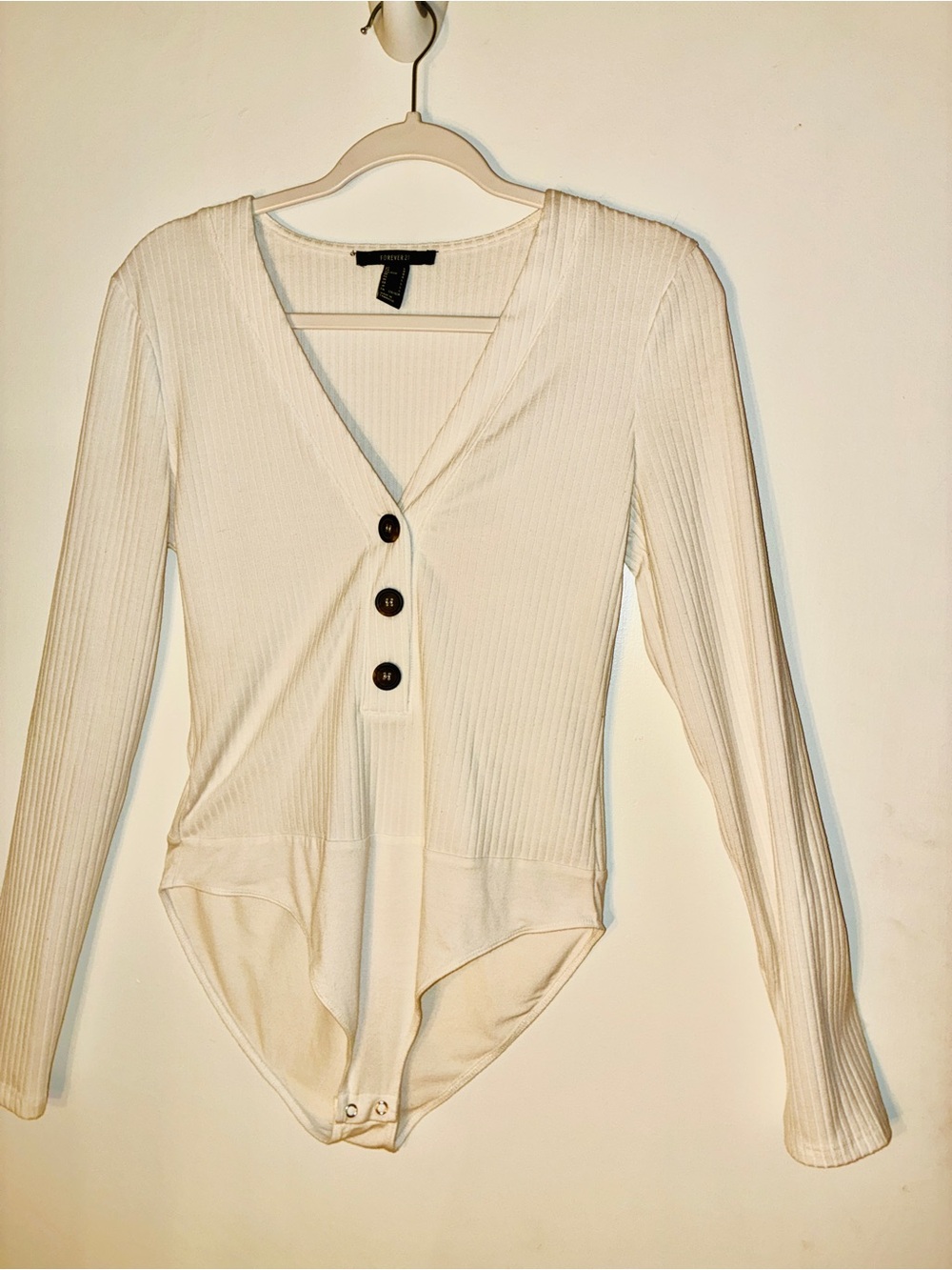 Forever 21- Ribbed V-Neck Button Bodysuit - Cream Large